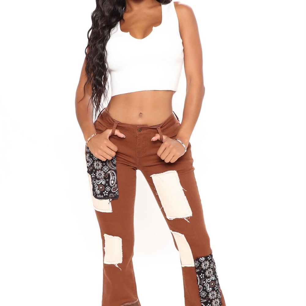 Brown Low Rise Patchwork Jeans